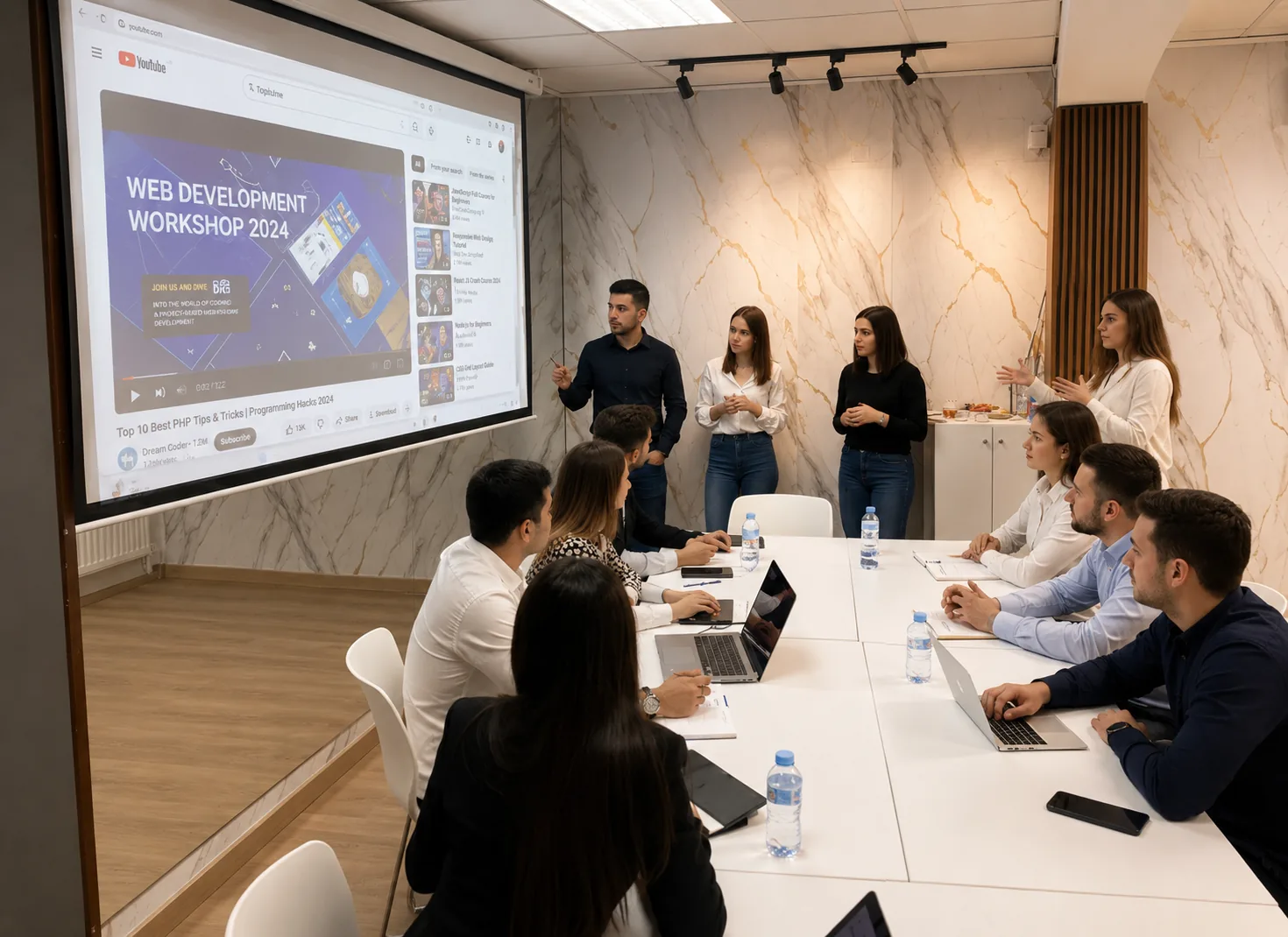 Presentación corporativa en el salón de Espacio I3J con pantalla de 105 pulgadas
